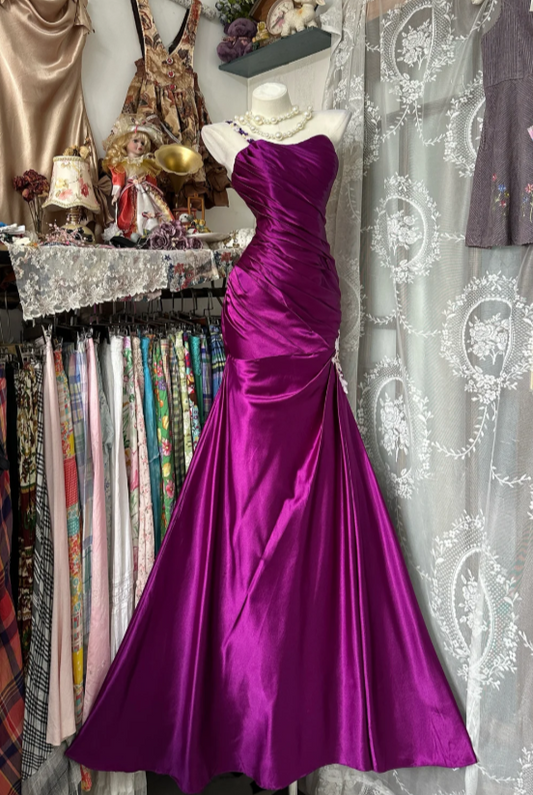 Chic Strapless Sheath Purple Long Prom Dresses Satin Purple Bridesmaid Dresses EP05133