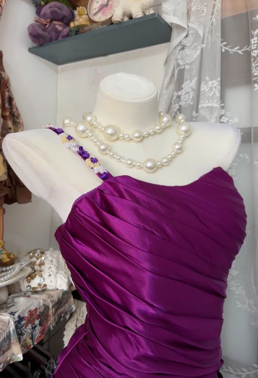 Chic Strapless Sheath Purple Long Prom Dresses Satin Purple Bridesmaid Dresses EP05133