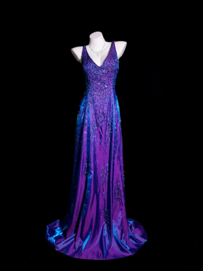 Chic V-neck Sheath Purple Long Prom Dresses Satin Beading Purple Formal Dresses EP05134