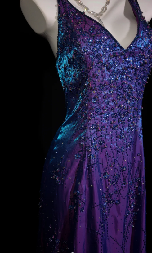 Chic V-neck Sheath Purple Long Prom Dresses Satin Beading Purple Formal Dresses EP05134