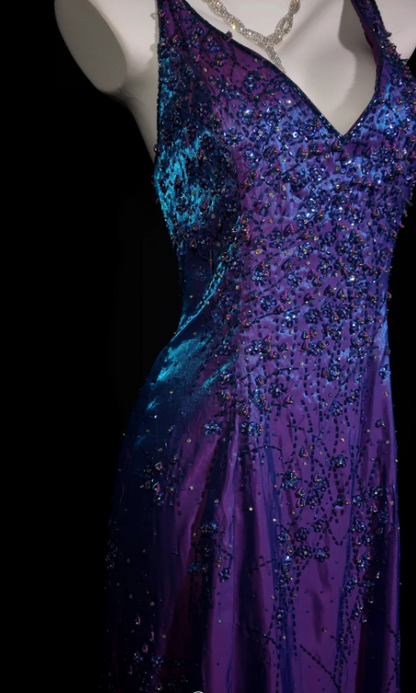 Chic V-neck Sheath Purple Long Prom Dresses Satin Beading Purple Formal Dresses EP05134