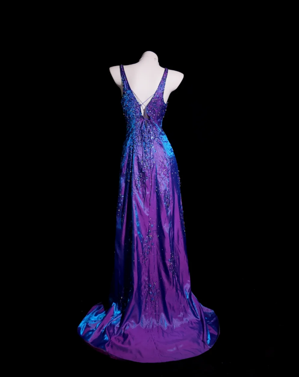 Chic V-neck Sheath Purple Long Prom Dresses Satin Beading Purple Formal Dresses EP05134