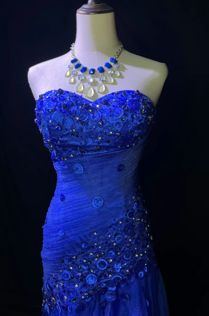 Elegant Sweetheart Neck Sheath Royal Blue Long Prom Dresses Tulle Beaded Sleeveless Royal Blue Evening Gowns EP05138