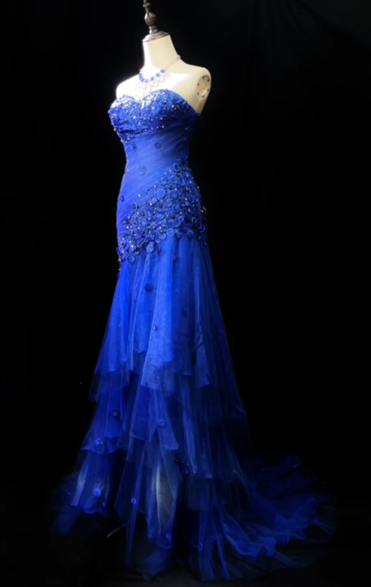 Elegant Sweetheart Neck Sheath Royal Blue Long Prom Dresses Tulle Beaded Sleeveless Royal Blue Evening Gowns EP05138