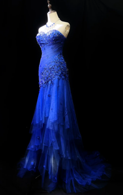 Elegant Sweetheart Neck Sheath Royal Blue Long Prom Dresses Tulle Beaded Sleeveless Royal Blue Evening Gowns EP05138