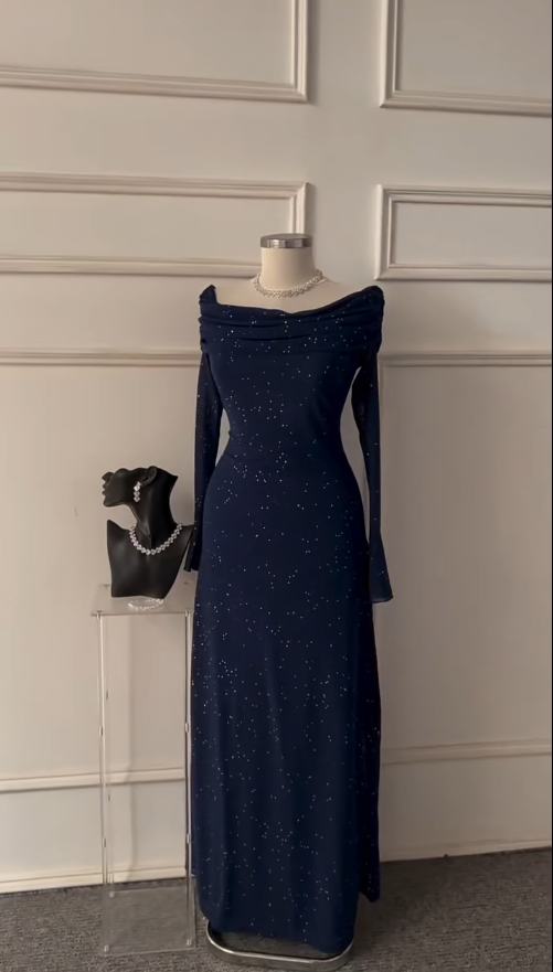 Elegant Off-the-shoulder Sheath Midnight Blue Long prom Dresses Chiffon Long Sleeve Midnight Blue Evening Gowns EP05139