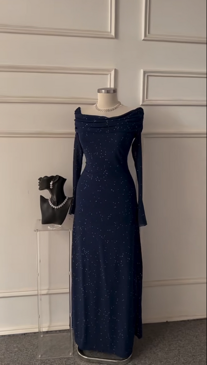 Elegant Off-the-shoulder Sheath Midnight Blue Long prom Dresses Chiffon Long Sleeve Midnight Blue Evening Gowns EP05139