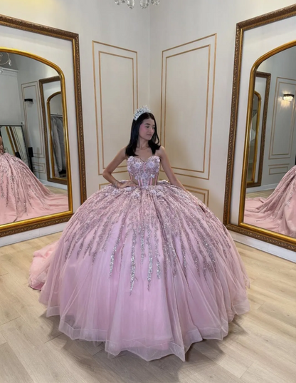 Gorgeous Sweetheart Neck Ball Gown Sleeveless Long Prom Dresses Tulle Applique Pink Quinceanera Dresses Sweet 16 Dress EP05144