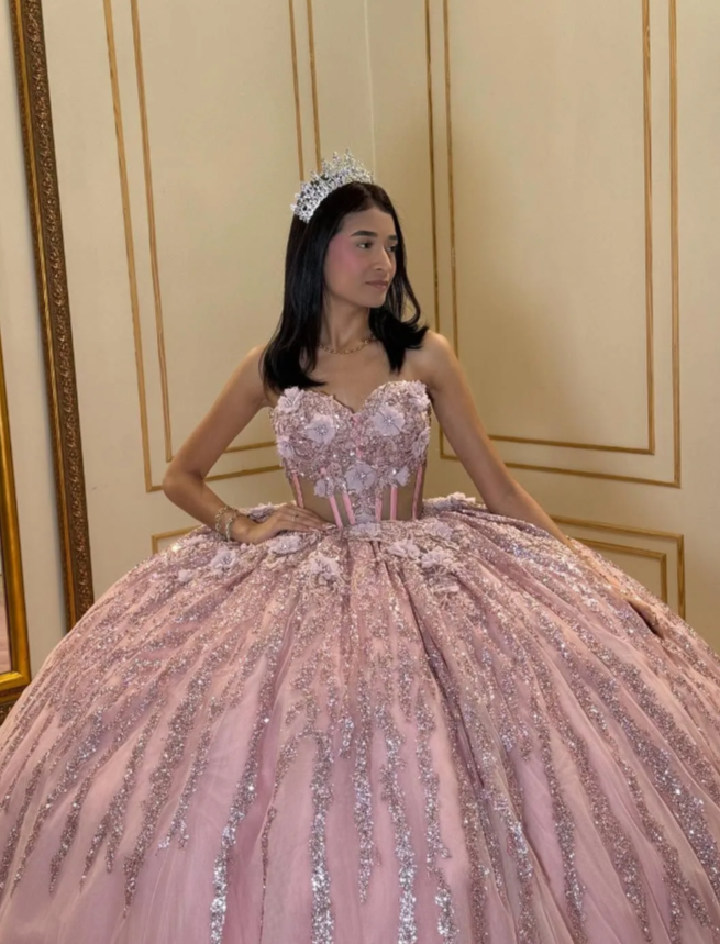 Gorgeous Sweetheart Neck Ball Gown Sleeveless Long Prom Dresses Tulle Applique Pink Quinceanera Dresses Sweet 16 Dress EP05144