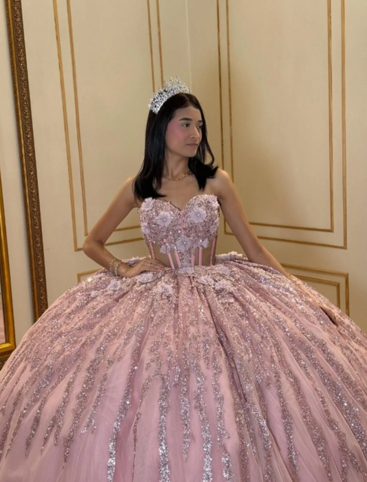 Gorgeous Sweetheart Neck Ball Gown Sleeveless Long Prom Dresses Tulle Applique Pink Quinceanera Dresses Sweet 16 Dress EP05144