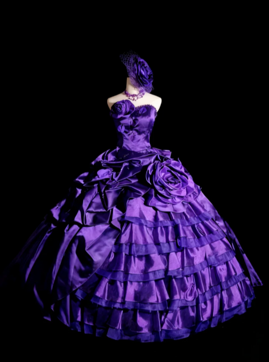 Gorgeous Sweetheart Neck Ball Gown Sleeveless Long Prom Dresses Satin Purple Quinceanera Dresses Sweet 16 Dress EP05145