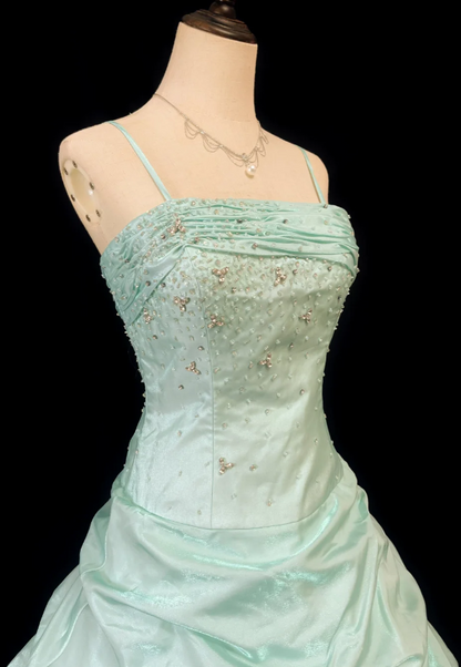 Gorgeous Spaghetti Strap Ball Gown Sleeveless Long Prom Dresses Taffeta Mint Green Quinceanera Dresses Sweet 16 Dress EP05146