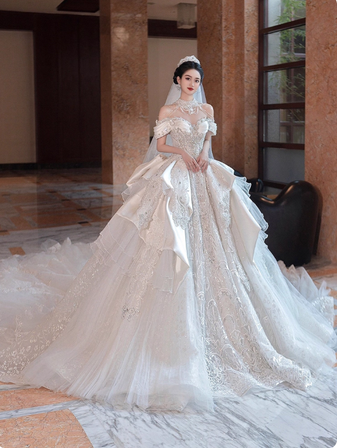 Princess Off-the-shoulder Ball Gown Long Wedding Dresses Lace Applique White Bridal Gowns Short Sleeve Bridal Dresses EP05148