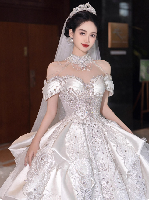 Princess Off-the-shoulder Ball Gown Long Wedding Dresses Lace Applique White Bridal Gowns Short Sleeve Bridal Dresses EP05148