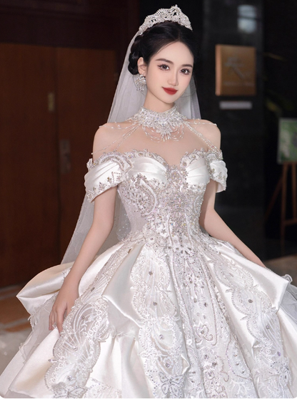 Princess Off-the-shoulder Ball Gown Long Wedding Dresses Lace Applique White Bridal Gowns Short Sleeve Bridal Dresses EP05148