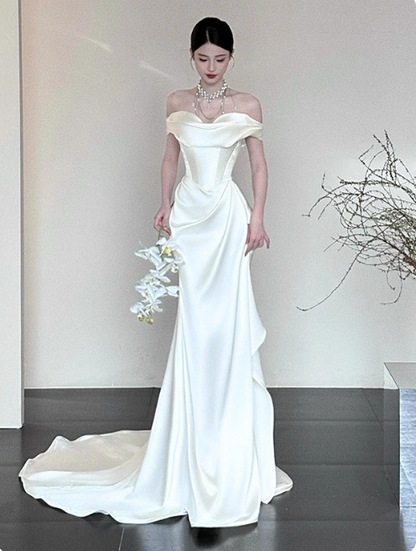 Princess Off-the-shoulder Sheath Long Wedding Dresses Satin White Bridal Gowns Short Sleeve Bridal Dresses EP05149