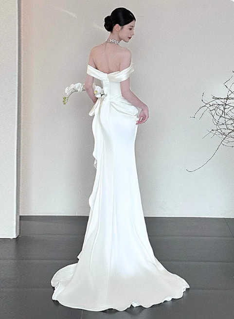 Princess Off-the-shoulder Sheath Long Wedding Dresses Satin White Bridal Gowns Short Sleeve Bridal Dresses EP05149