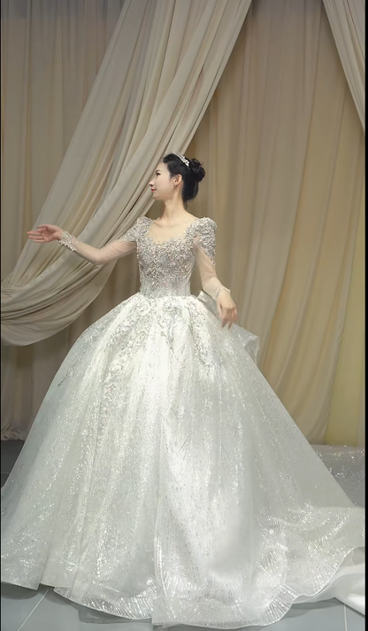 Princess V-neck A-Line Long Wedding Dresses Tulle Rhinestone White Bridal Gowns Long Sleeve Bridal Dresses EP05150