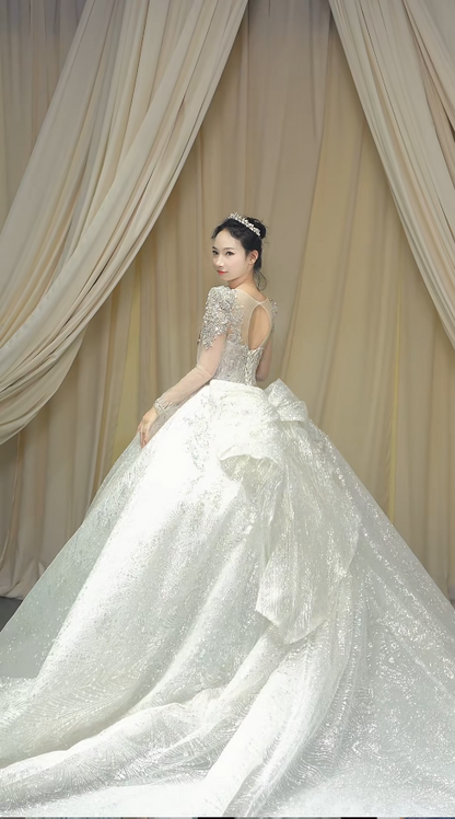Princess V-neck A-Line Long Wedding Dresses Tulle Rhinestone White Bridal Gowns Long Sleeve Bridal Dresses EP05150