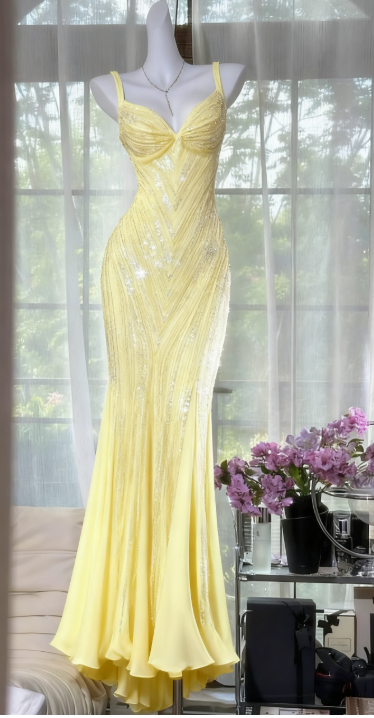 Elegant Spaghetti Straps Mermaid Yellow Long Prom Dresses Beading Chiffon Yellow Birthday Dresses EP05186
