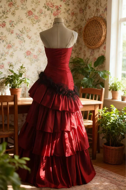 Glam Strapless A-Line Long Prom Dresses Satin Burgundy Birthday Dresses EP05271