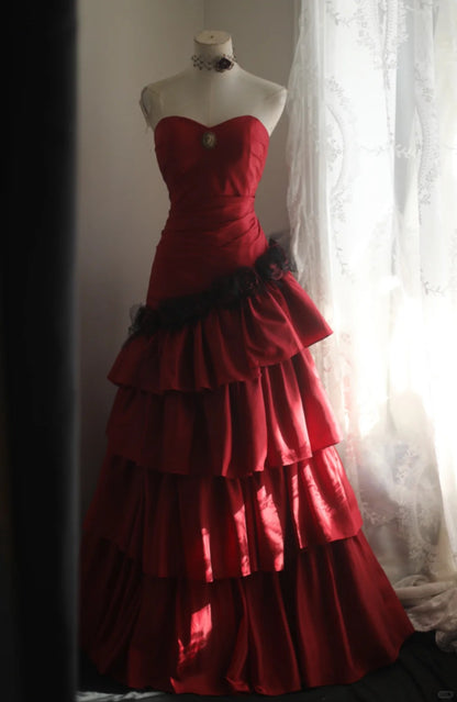 Glam Strapless A-Line Long Prom Dresses Satin Burgundy Birthday Dresses EP05271