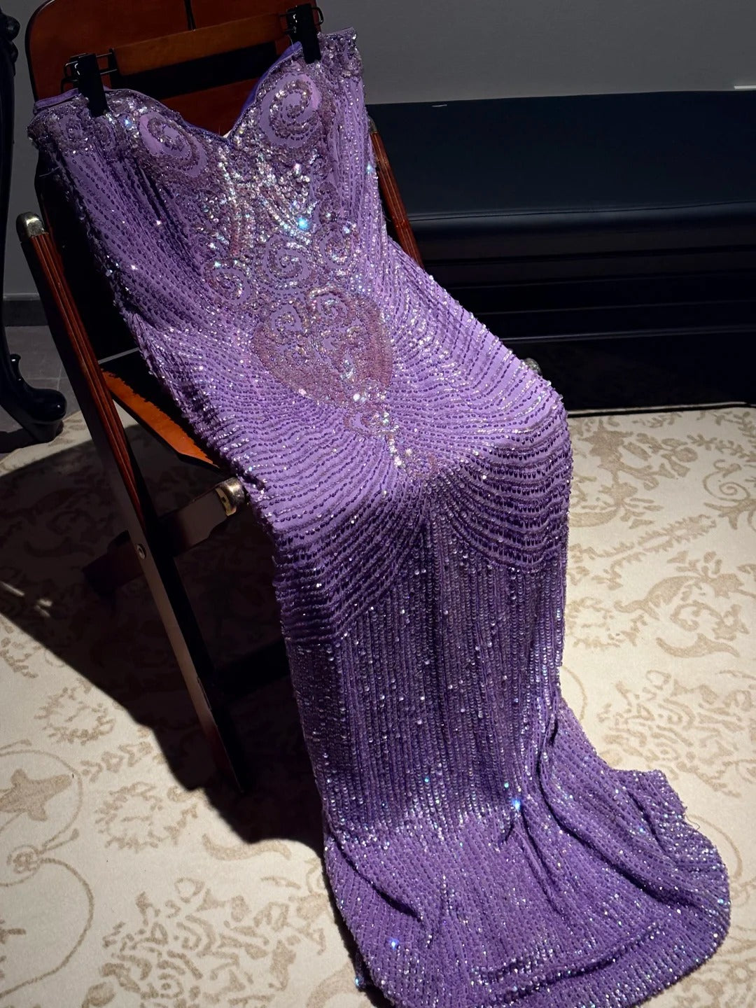 Glam Sweetheart Sheath Long Prom Dresses Chiffon Beaded Purple Birthday Dresses EP05272