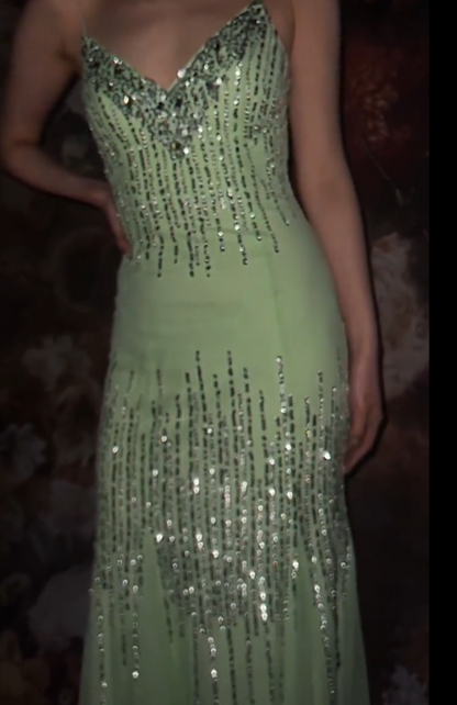 Elegant Spaghetti Straps Mermaid Long Prom Dresses Tulle Sequins Green Evening Dresses  EP05390