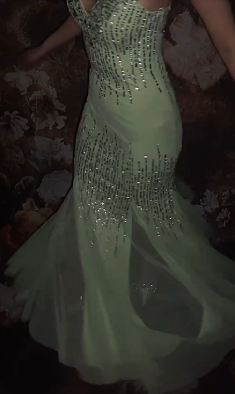 Elegant Spaghetti Straps Mermaid Long Prom Dresses Tulle Sequins Green Evening Dresses  EP05390