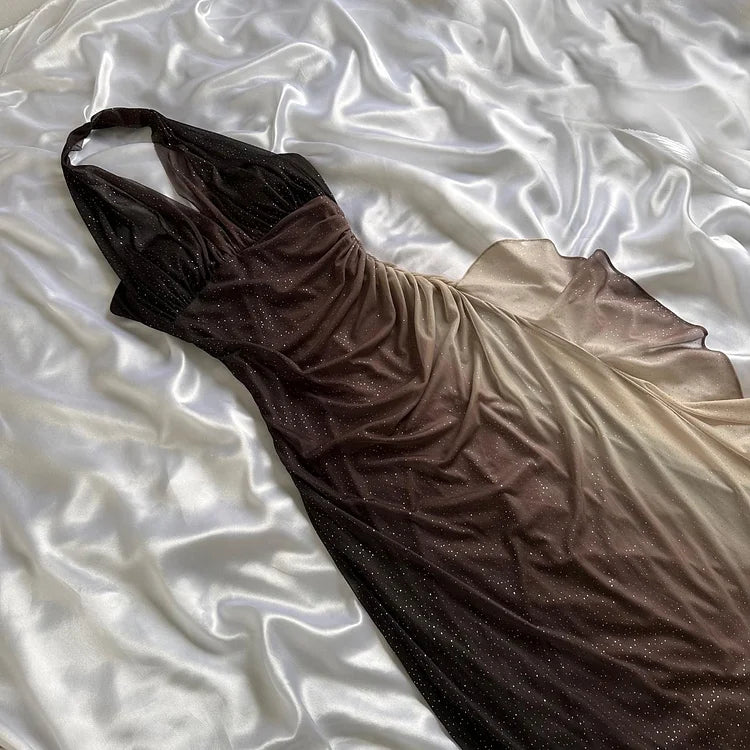 Vintage Halter Sheath Long Prom Dresses Glitter Chiffon Brown Evening Dresses Sleeveless Wedding Guest Dresses  EP05391