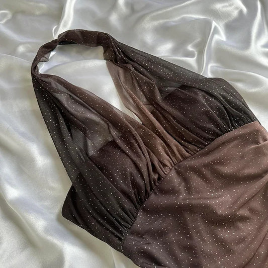 Vintage Halter Sheath Long Prom Dresses Glitter Chiffon Brown Evening Dresses Sleeveless Wedding Guest Dresses  EP05391