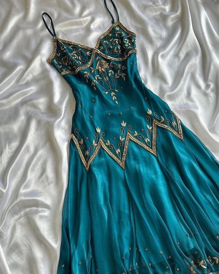 Vintage Spaghetti Straps Sheath Long Prom Dresses Beaded Chiffon Teal Evening Dresses   EP05392