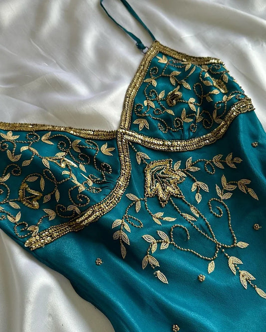 Vintage Spaghetti Straps Sheath Long Prom Dresses Beaded Chiffon Teal Evening Dresses   EP05392