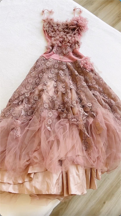 Vintage Spaghetti Straps A-Line Long Prom Dresses Applique Tulle Pink Evening Dresses  EP05393