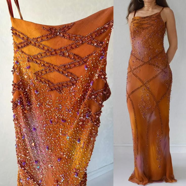 Vintage Spaghetti Straps Sheath Long Prom Dresses Beaded Chiffon Orange Evening Dresses  EP05394