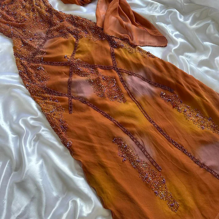 Vintage Spaghetti Straps Sheath Long Prom Dresses Beaded Chiffon Orange Evening Dresses  EP05394