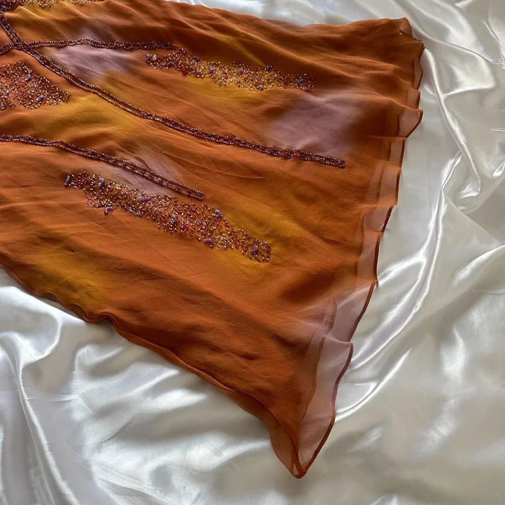 Vintage Spaghetti Straps Sheath Long Prom Dresses Beaded Chiffon Orange Evening Dresses  EP05394