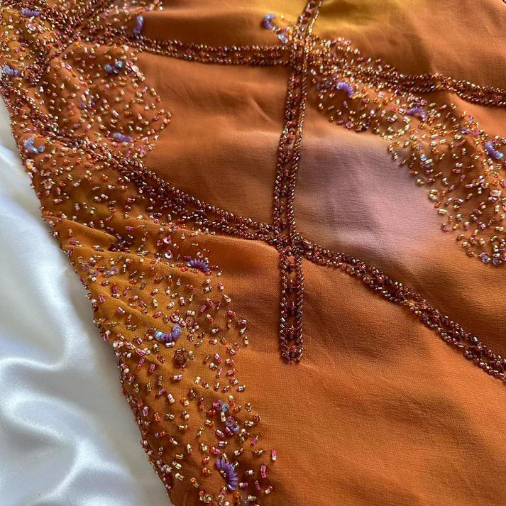 Vintage Spaghetti Straps Sheath Long Prom Dresses Beaded Chiffon Orange Evening Dresses  EP05394