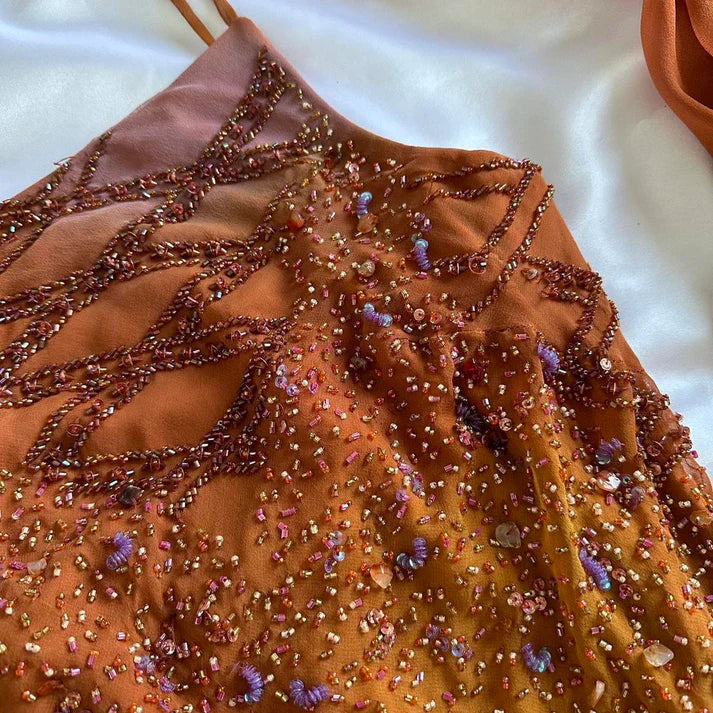 Vintage Spaghetti Straps Sheath Long Prom Dresses Beaded Chiffon Orange Evening Dresses  EP05394