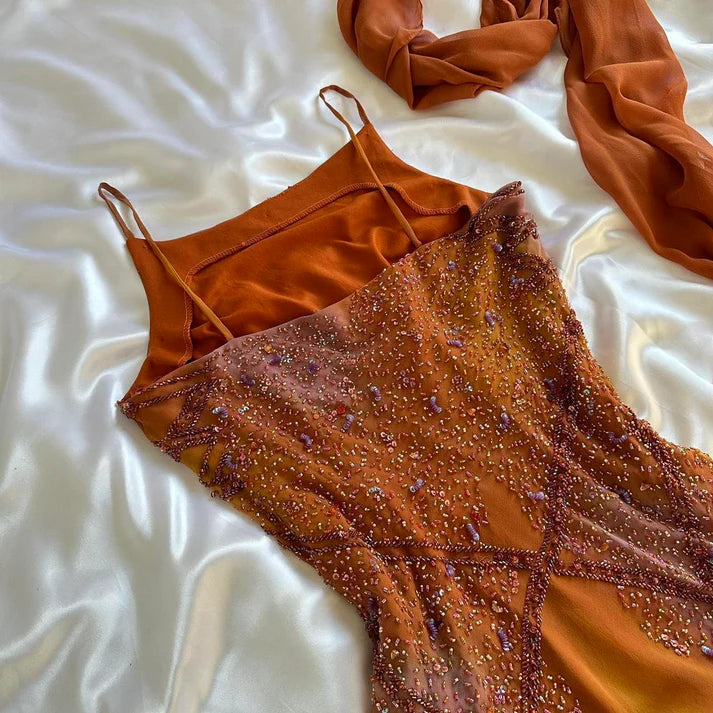 Vintage Spaghetti Straps Sheath Long Prom Dresses Beaded Chiffon Orange Evening Dresses  EP05394