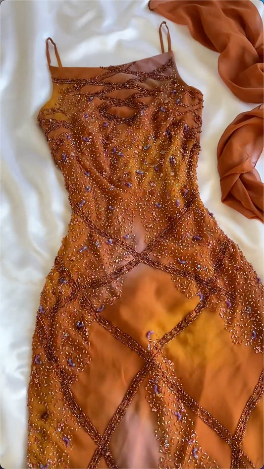 Vintage Spaghetti Straps Sheath Long Prom Dresses Beaded Chiffon Orange Evening Dresses  EP05394