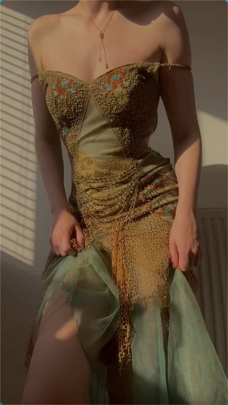 Vintage Spaghetti Straps Sheath Long Prom Dresses Beaded Tulle Evening Dresses  EP05395