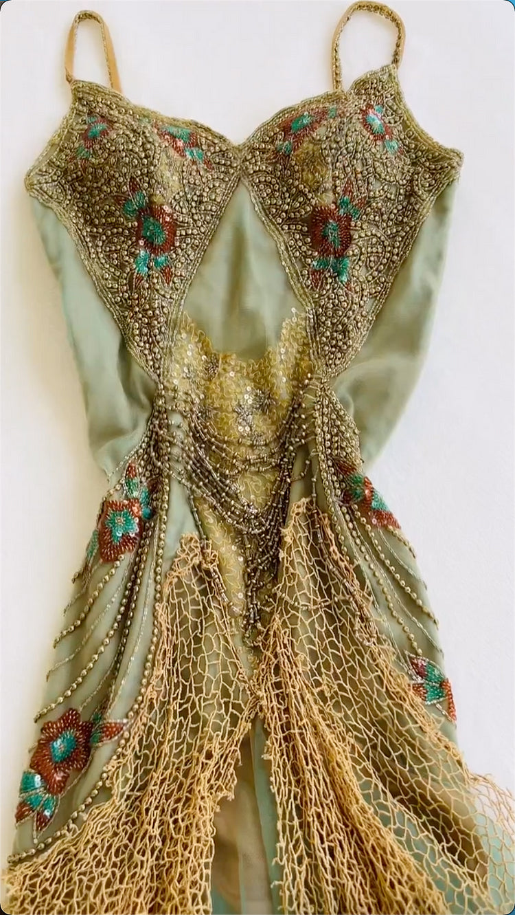 Vintage Spaghetti Straps Sheath Long Prom Dresses Beaded Tulle Evening Dresses  EP05395