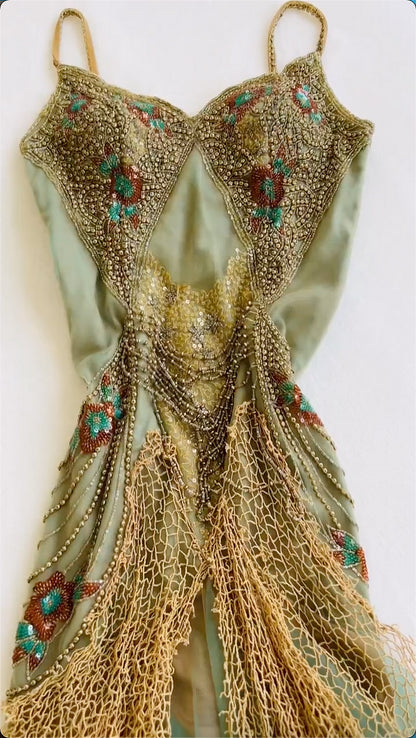 Vintage Spaghetti Straps Sheath Long Prom Dresses Beaded Tulle Evening Dresses  EP05395