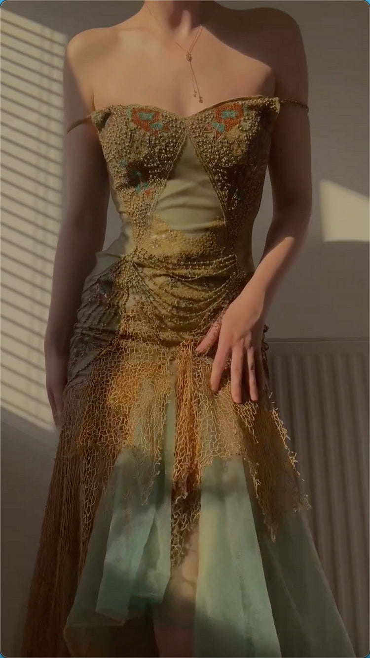 Vintage Spaghetti Straps Sheath Long Prom Dresses Beaded Tulle Evening Dresses  EP05395