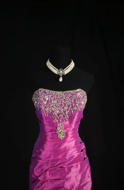 Elegant Strapless Sheath Long Prom Dresses Beaded Satin Pink Evening Dresses Sleeveless Pink Birthday Dresses EP05397