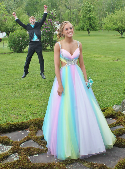 Cute Straps A-Line Color Long Prom Dresses Tulle Birthday Dresses EP05456