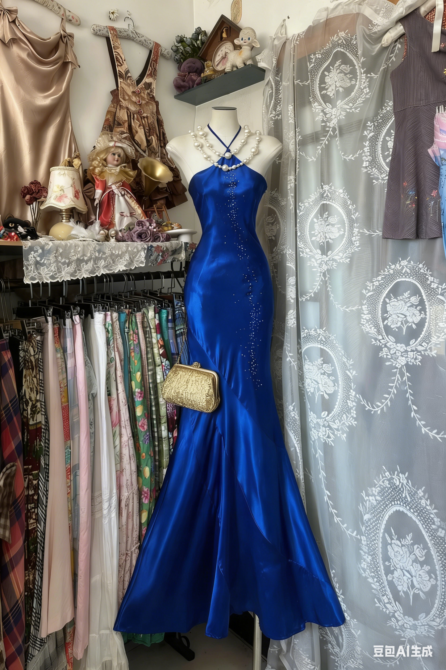 Elegant Halter Mermaid Long Prom Dresses Satin Royal Blue Evening Dresses with Open Back EP05561