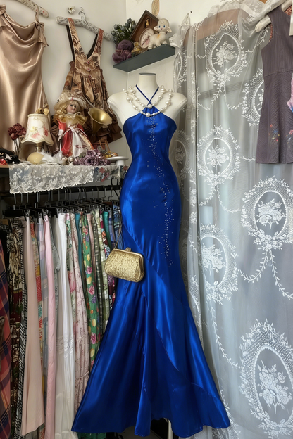 Elegant Halter Mermaid Long Prom Dresses Satin Royal Blue Evening Dresses with Open Back EP05561