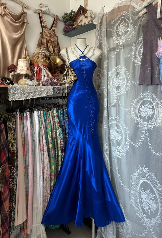 Elegant Halter Mermaid Long Prom Dresses Satin Royal Blue Evening Dresses with Open Back EP05561